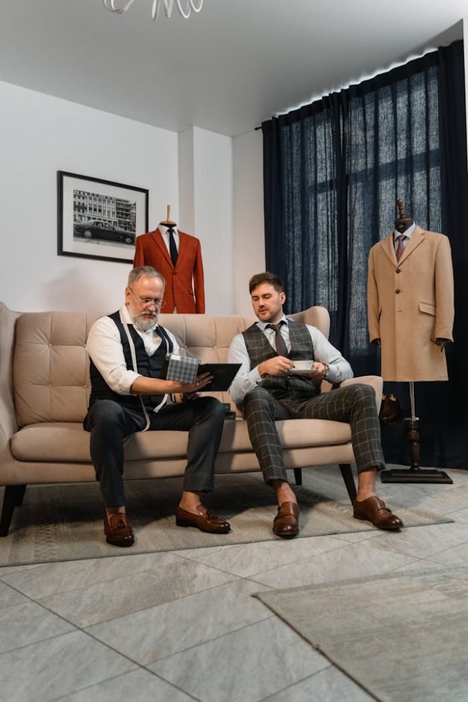 couturier-talking-to-a-client-6765523 Professional tailor and client discussing bespoke suit designs in elegant workshop.